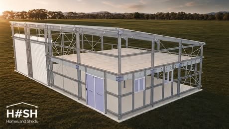 3D design render of a steel portal frame shed structure